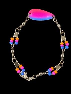 NEW Handcrafted Fishing Lure Swivel & Bait Neon Beaded Bracelet. Measures 7in